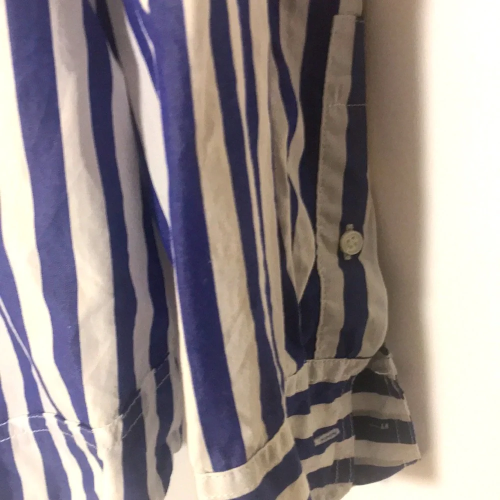 J CREW long sleeve top size m purple white stripes open neck business ca…
